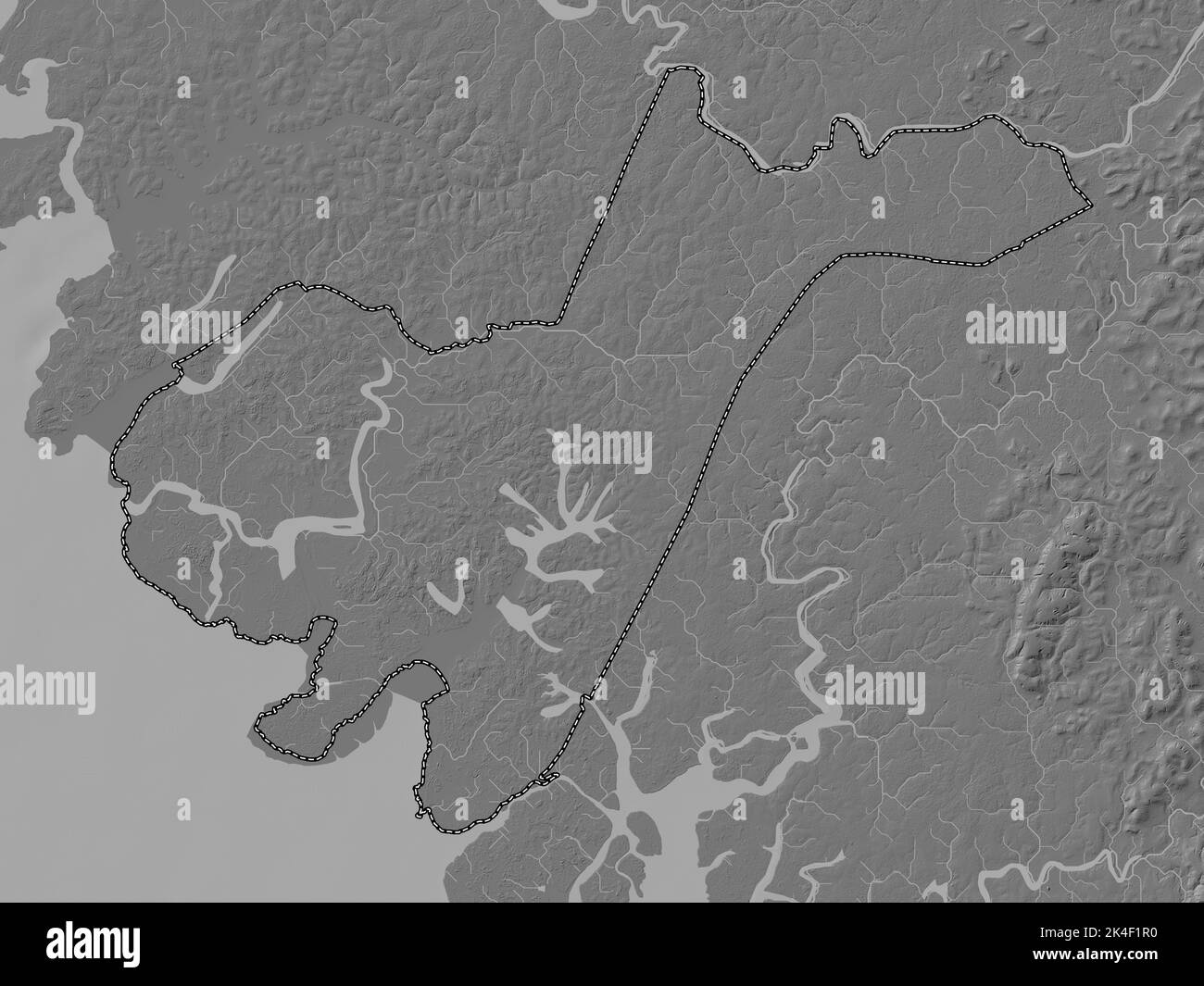 Tombali, region of Guinea-Bissau. Bilevel elevation map with lakes and ...