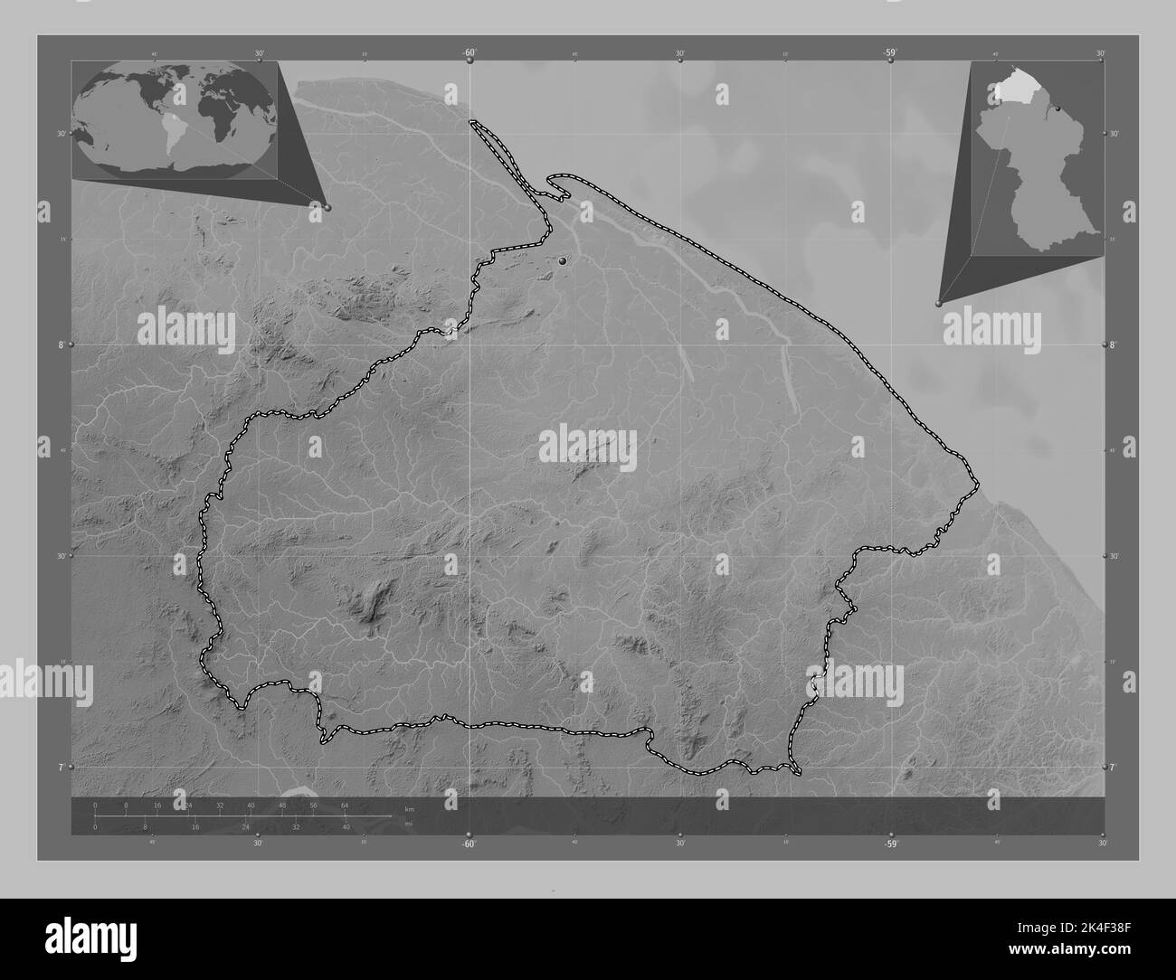 Barima-Waini, region of Guyana. Grayscale elevation map with lakes and rivers. Corner auxiliary location maps Stock Photo