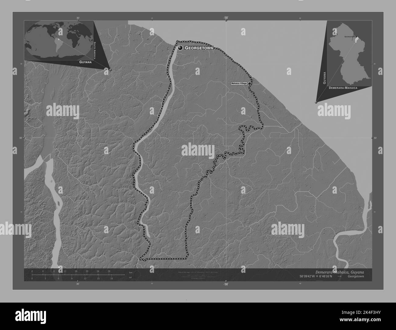 DemeraraMahaica, region of Guyana. Bilevel elevation map with lakes