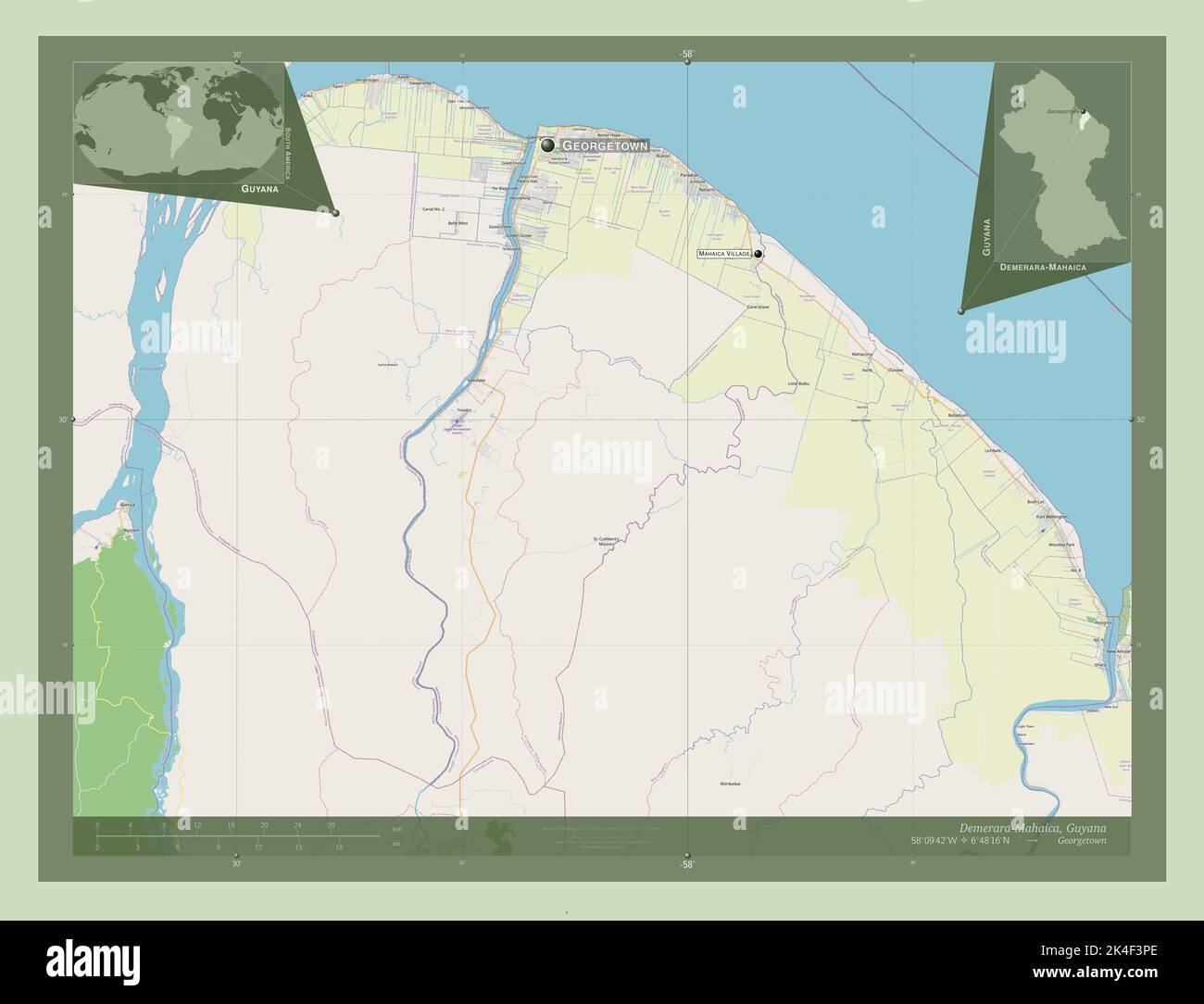 DemeraraMahaica, region of Guyana. Open Street Map. Locations and