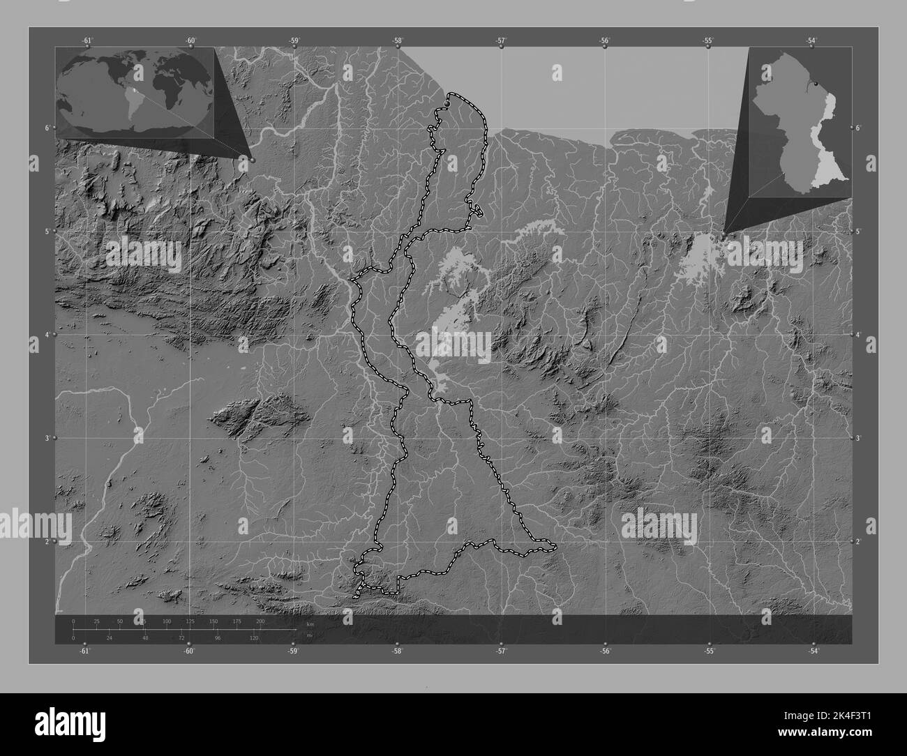East BerbiceCorentyne, region of Guyana. Bilevel elevation map with