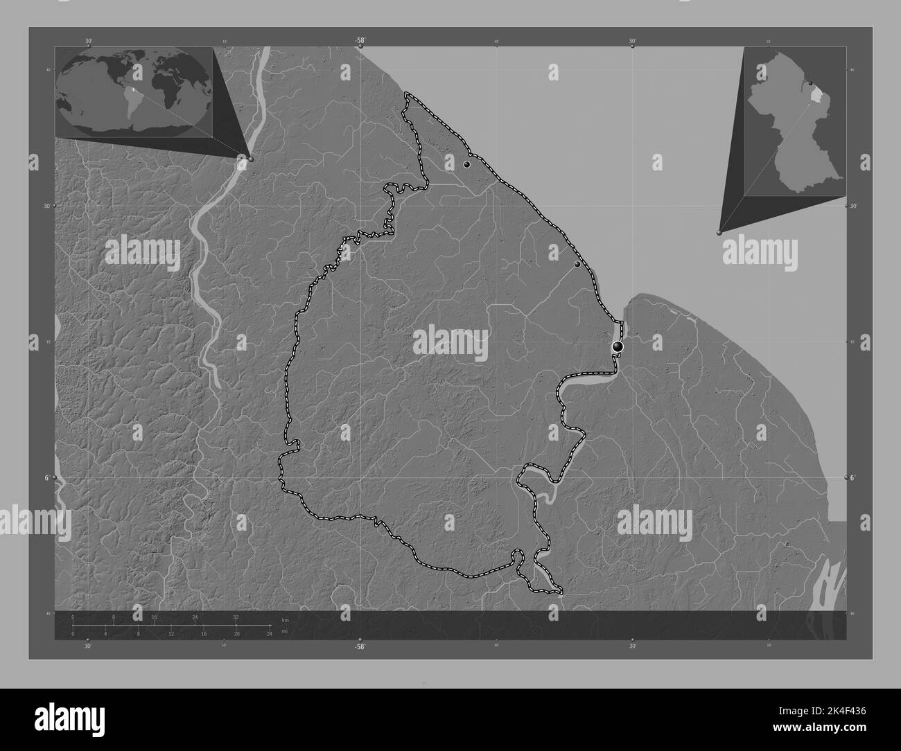 MahaicaBerbice, region of Guyana. Bilevel elevation map with lakes and