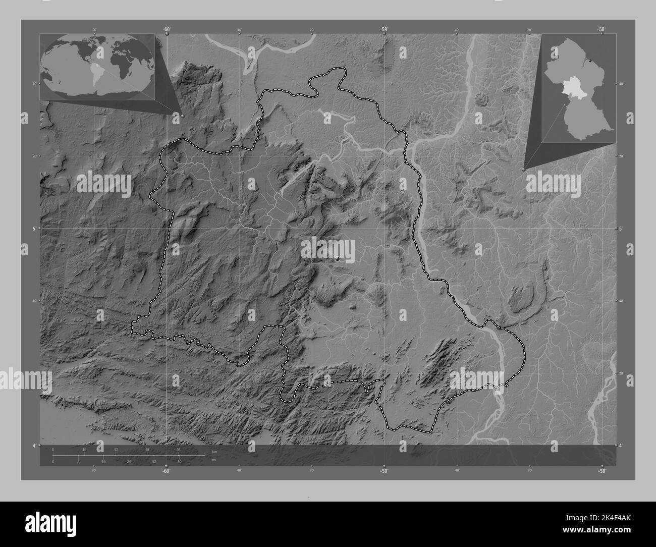 Potaro-Siparuni, region of Guyana. Grayscale elevation map with lakes and rivers. Corner auxiliary location maps Stock Photo