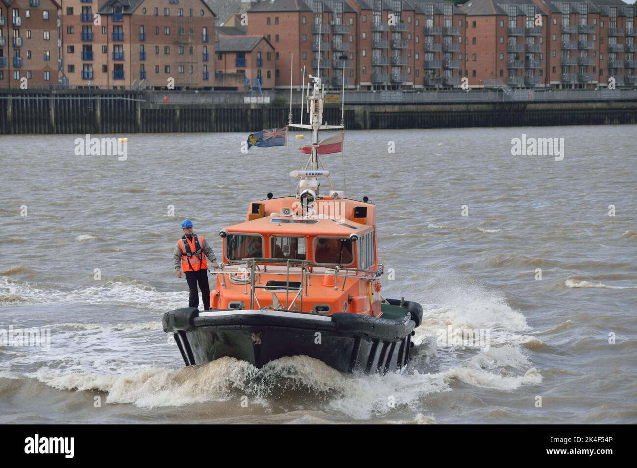 Port of London Authority pilot launch GUIDE heading out to a vessel with a pilot. Stock Photo