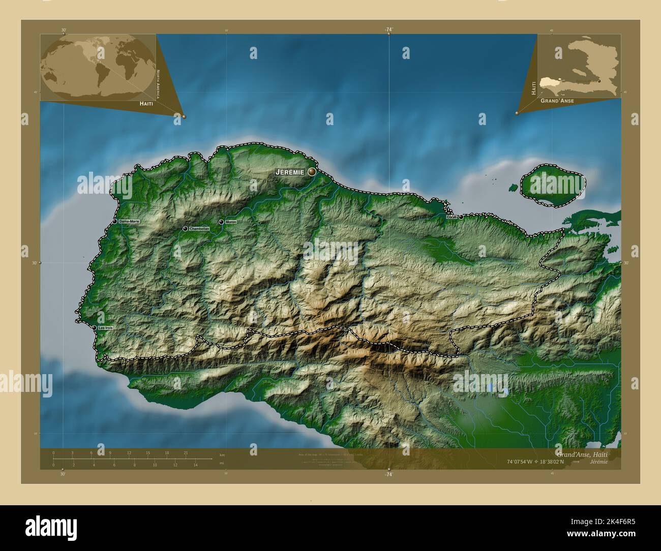 Grand'Anse, department of Haiti. Colored elevation map with lakes and