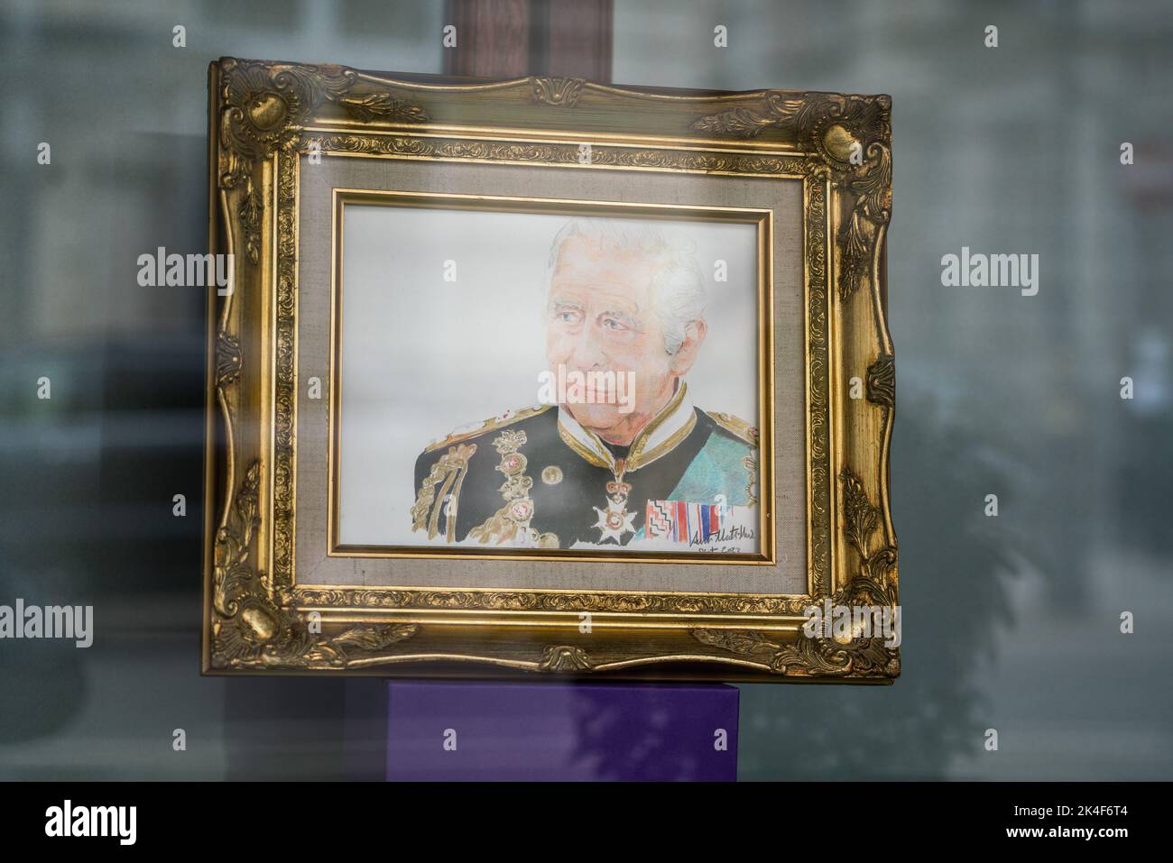 2 October 2022: A framed portrait  of King Charles III Stock Photo
