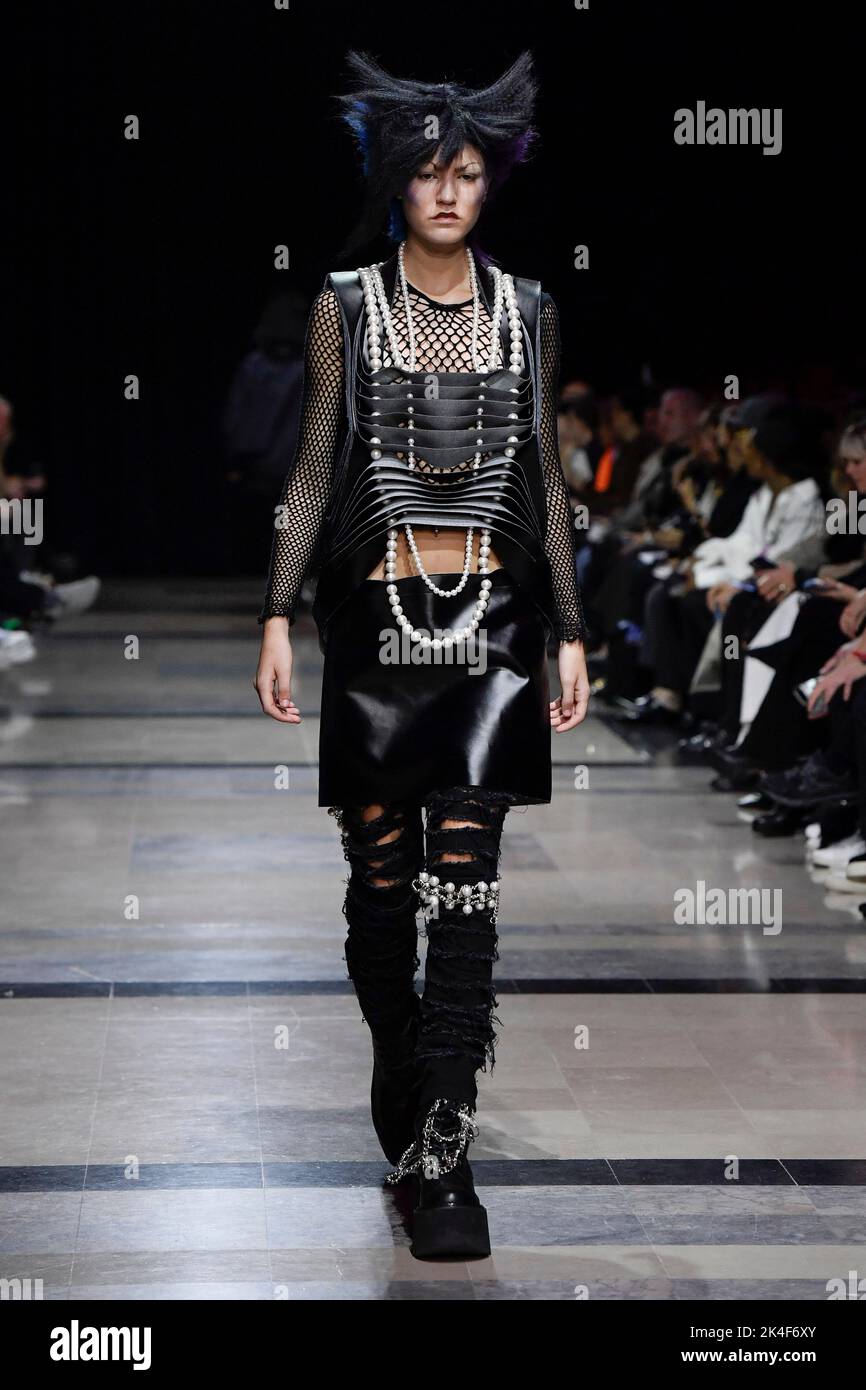 Paris, France. 01st Oct, 2022. A model walks on the runway at the Junya Watanabe fashion show during the Spring Summer 2023 Collections Fashion Show at Paris Fashion Week in Paris on October 1 2022. (Photo by Jonas Gustavsson/Sipa USA) Credit: Sipa USA/Alamy Live News Stock Photo