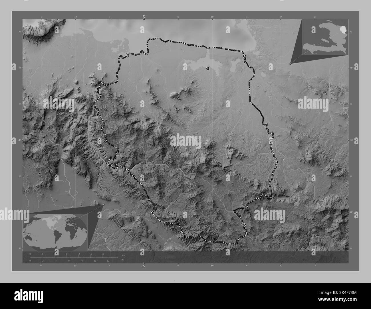NordEst, department of Haiti. Grayscale elevation map with lakes and