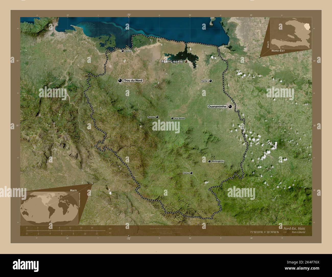 Nord-Est, department of Haiti. Low resolution satellite map. Locations ...