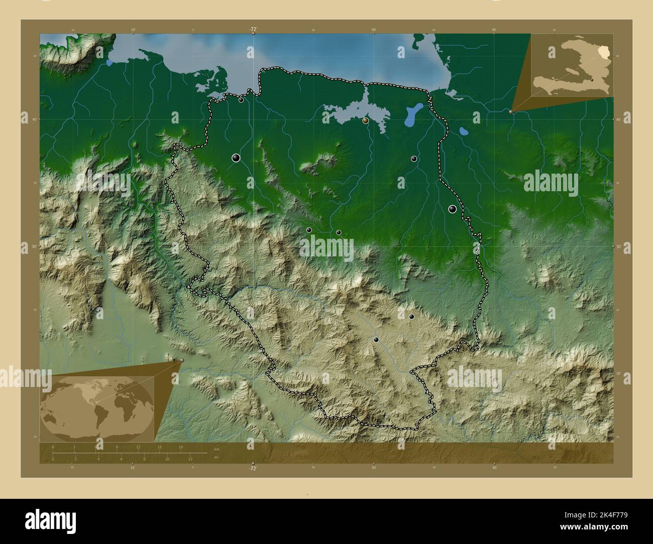 Nord-Est, department of Haiti. Colored elevation map with lakes and ...