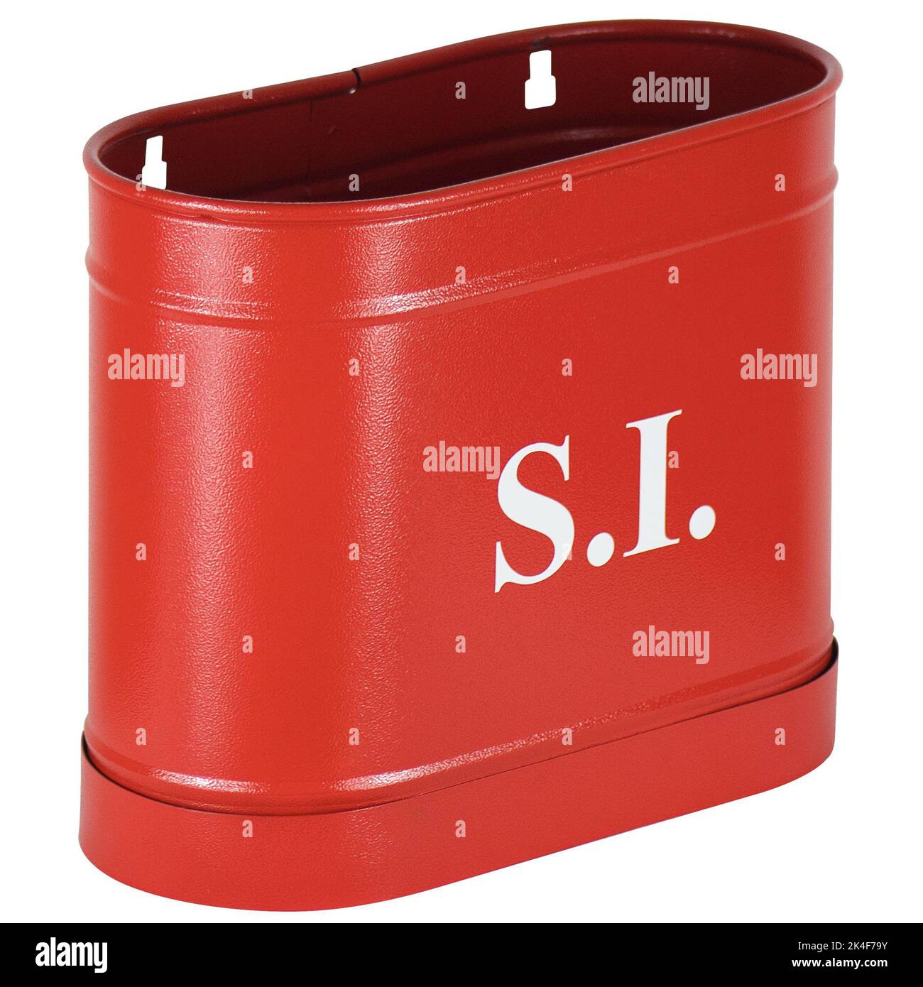 Metal fire fighting sand bucket isolated. RAL3000 color with S.I. on it