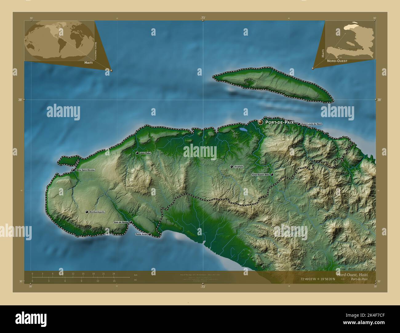 Nord-Ouest, department of Haiti. Colored elevation map with lakes and ...