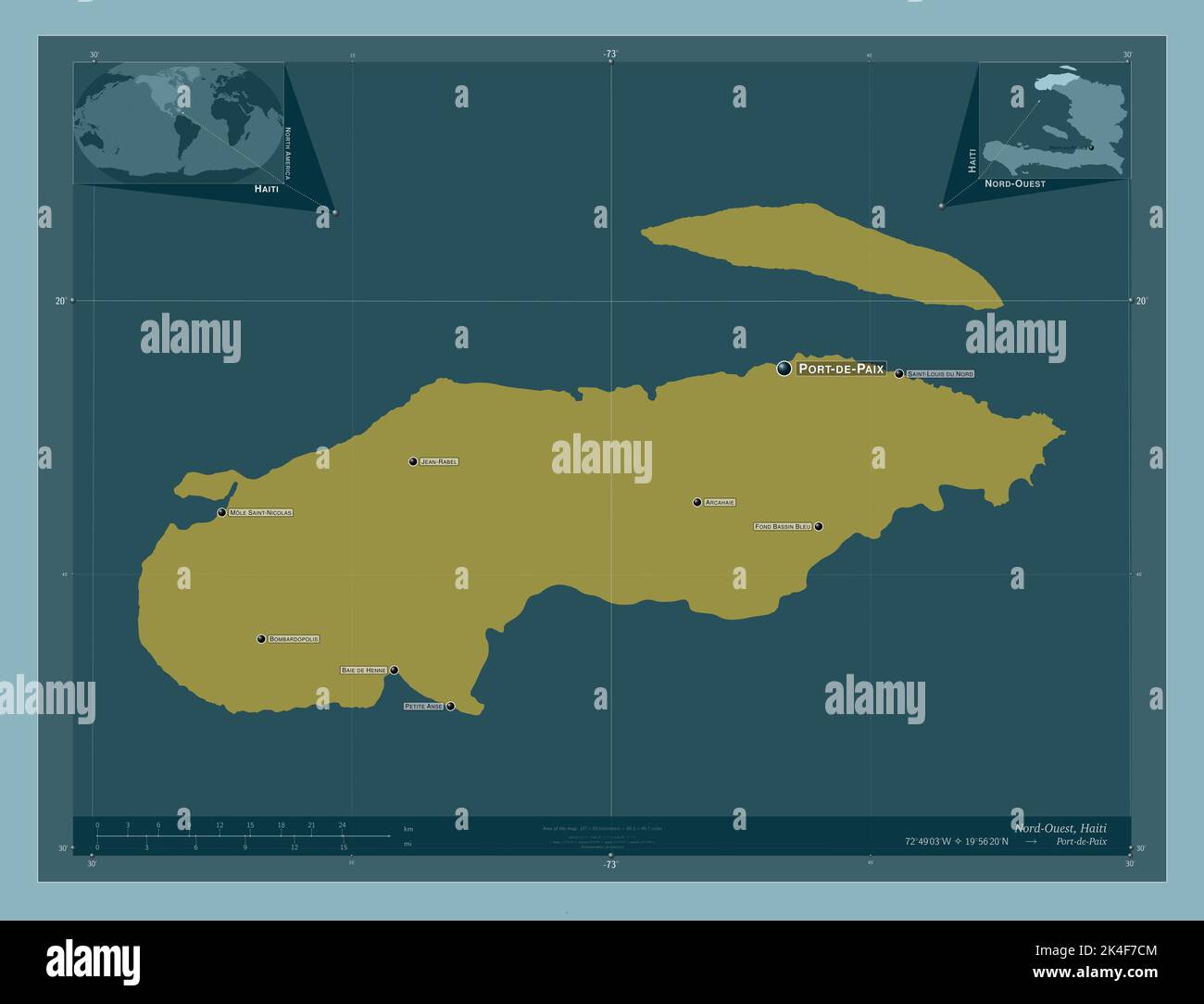 Nord-Ouest, department of Haiti. Solid color shape. Locations and names ...