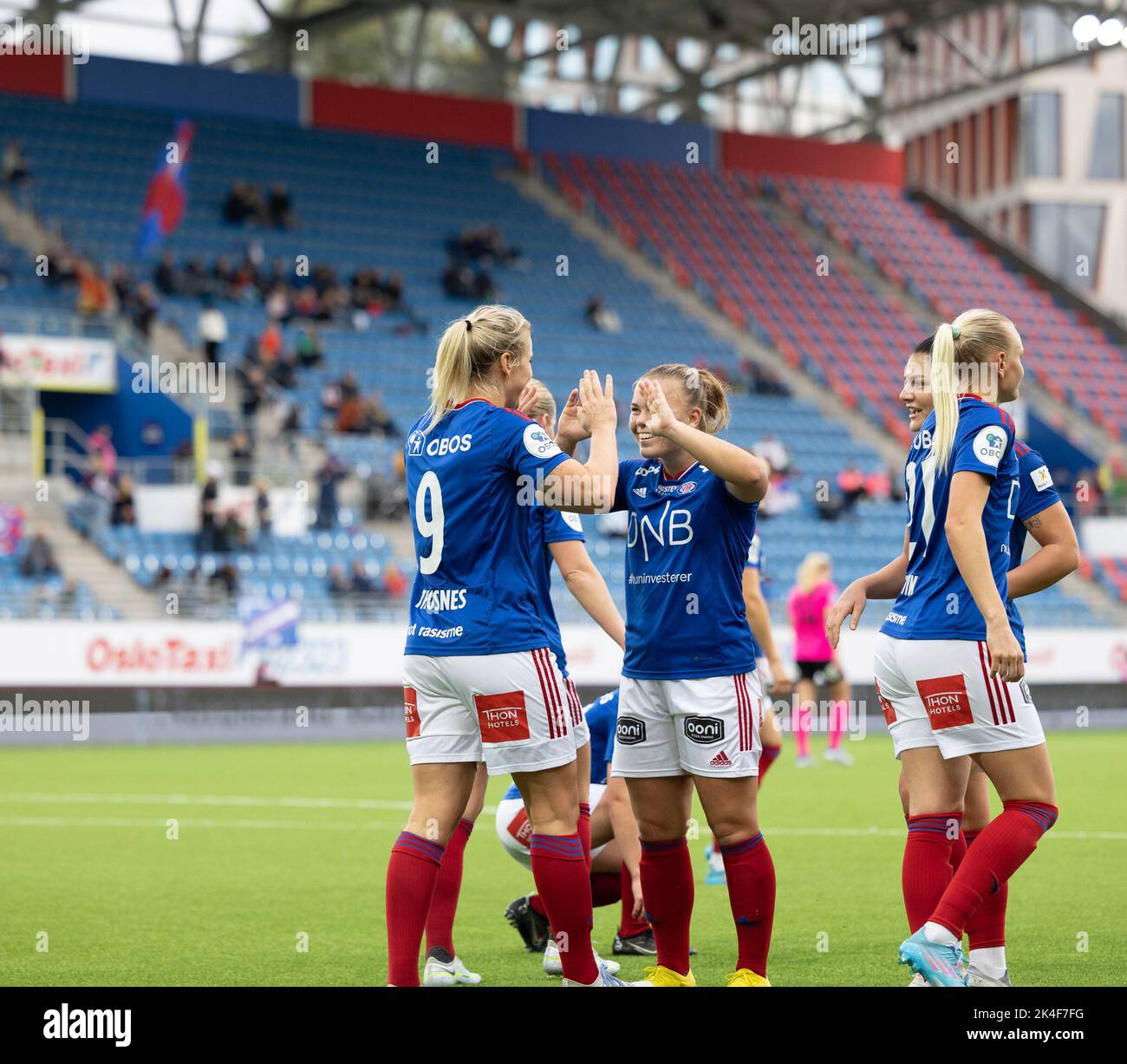 Oslo, Norway. 02nd Oct, 2022. Oslo, Norway, October 2nd 2022: Elise Thorsnes (9 Valerenga) celebrates after scoring her goal number 200 in Toppserien during the playoff game in Toppserien between Valerenga and Rosenborg at Intility Arena in Oslo, Norway (Ane Frosaker/SPP) Credit: SPP Sport Press Photo. /Alamy Live News Stock Photo