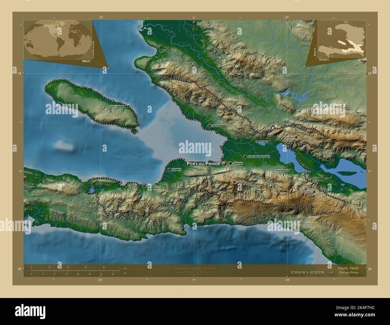 Ouest, department of Haiti. Colored elevation map with lakes and rivers ...