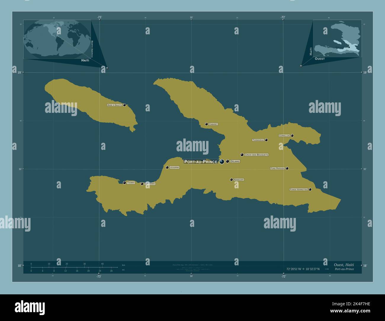 Ouest, department of Haiti. Solid color shape. Locations and names of ...