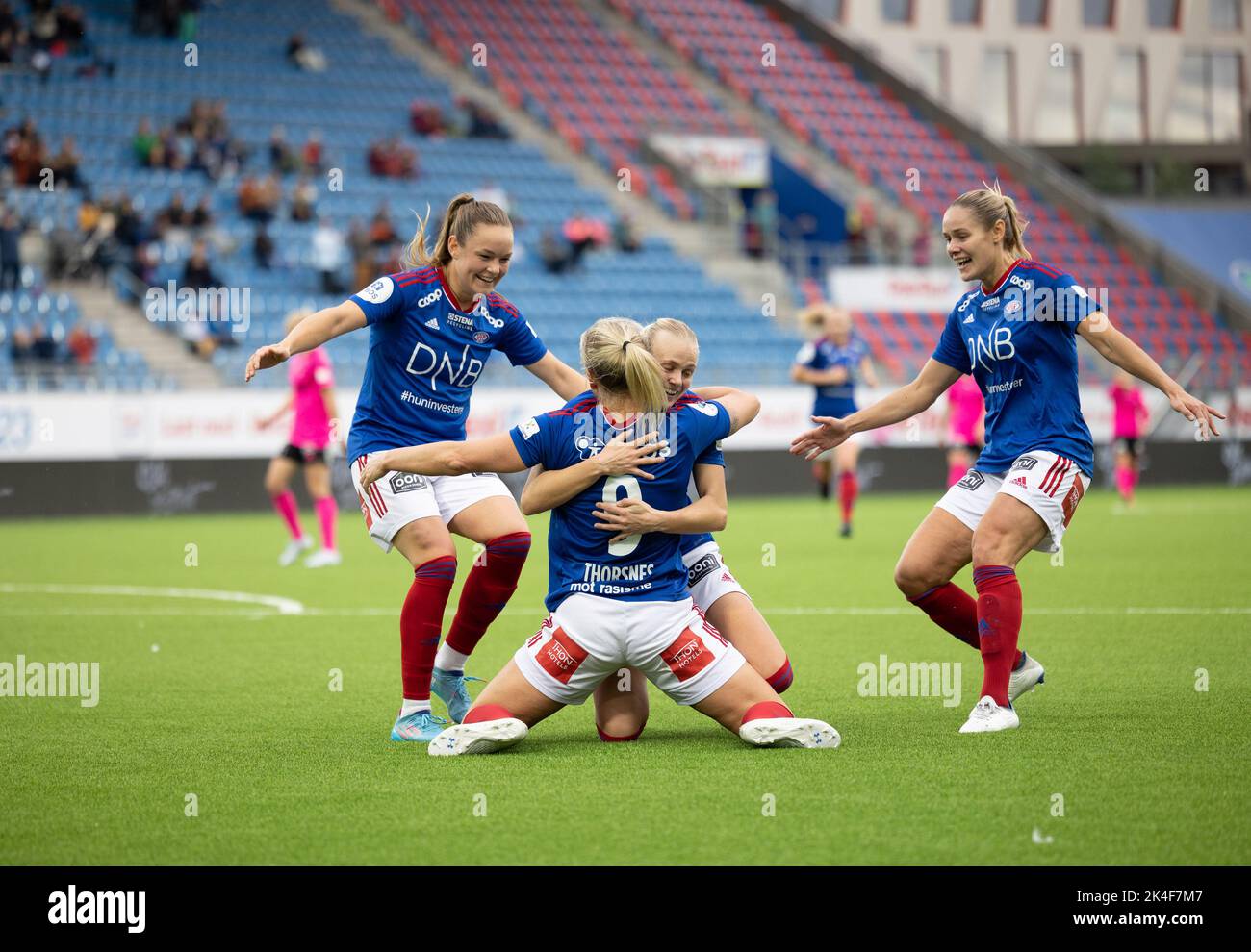 Oslo, Norway. 02nd Oct, 2022. Oslo, Norway, October 2nd 2022: Elise Thorsnes (9 Valerenga) celebrates after scoring her goal number 200 in Toppserien during the playoff game in Toppserien between Valerenga and Rosenborg at Intility Arena in Oslo, Norway (Ane Frosaker/SPP) Credit: SPP Sport Press Photo. /Alamy Live News Stock Photo