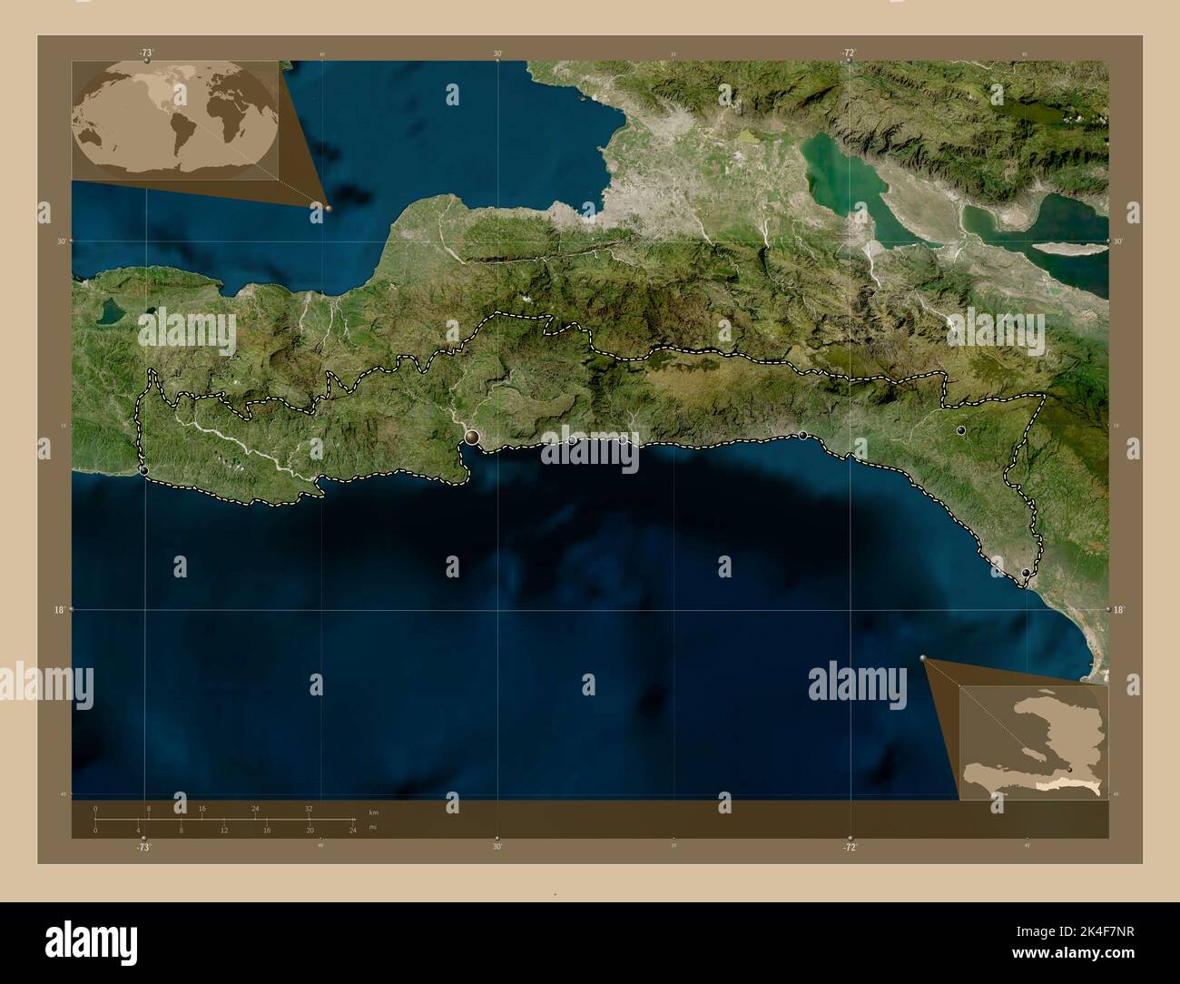 Sud-Est, department of Haiti. Low resolution satellite map. Locations ...