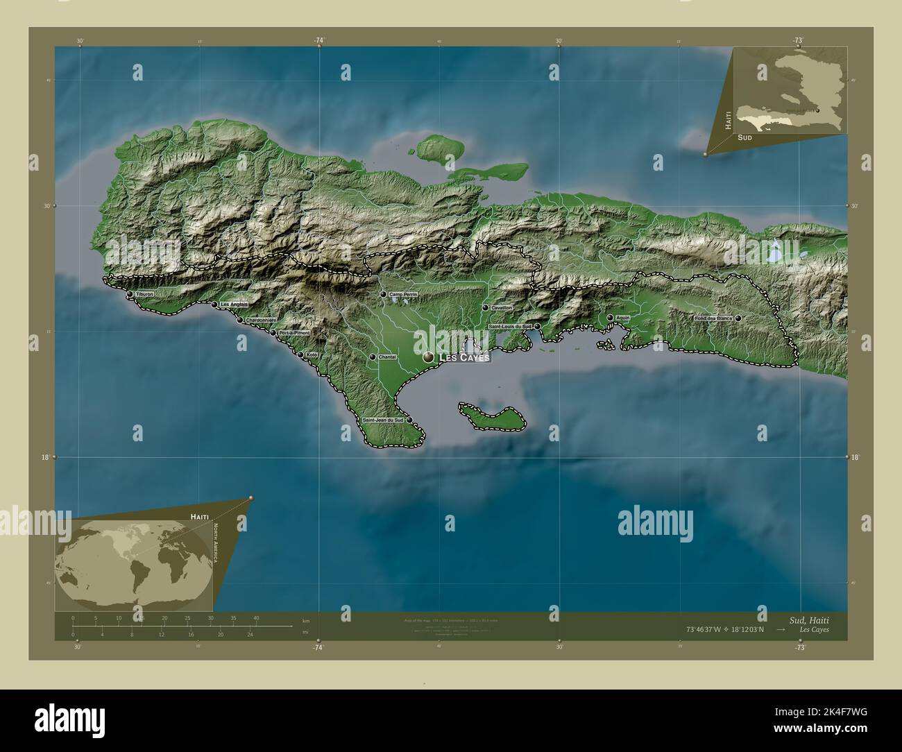 Sud, department of Haiti. Elevation map colored in wiki style with lakes  and rivers. Locations and names of major cities of the region. Corner  auxilia Stock Photo - Alamy