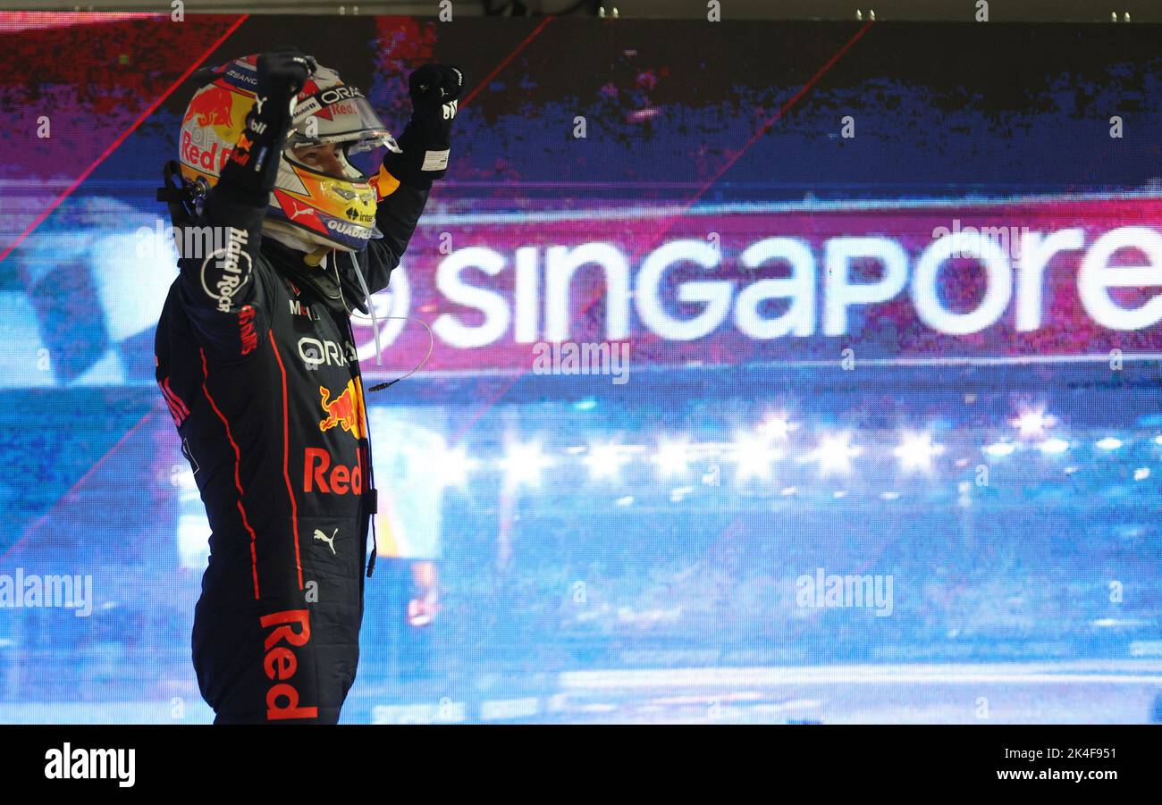 Formula One F1 - Singapore Grand Prix - Marina Bay Street Circuit, Singapore - October 2, 2022 Red Bull's Sergio Perez celebrates after winning the Singapore Grand Prix REUTERS/Edgar Su Stock Photo