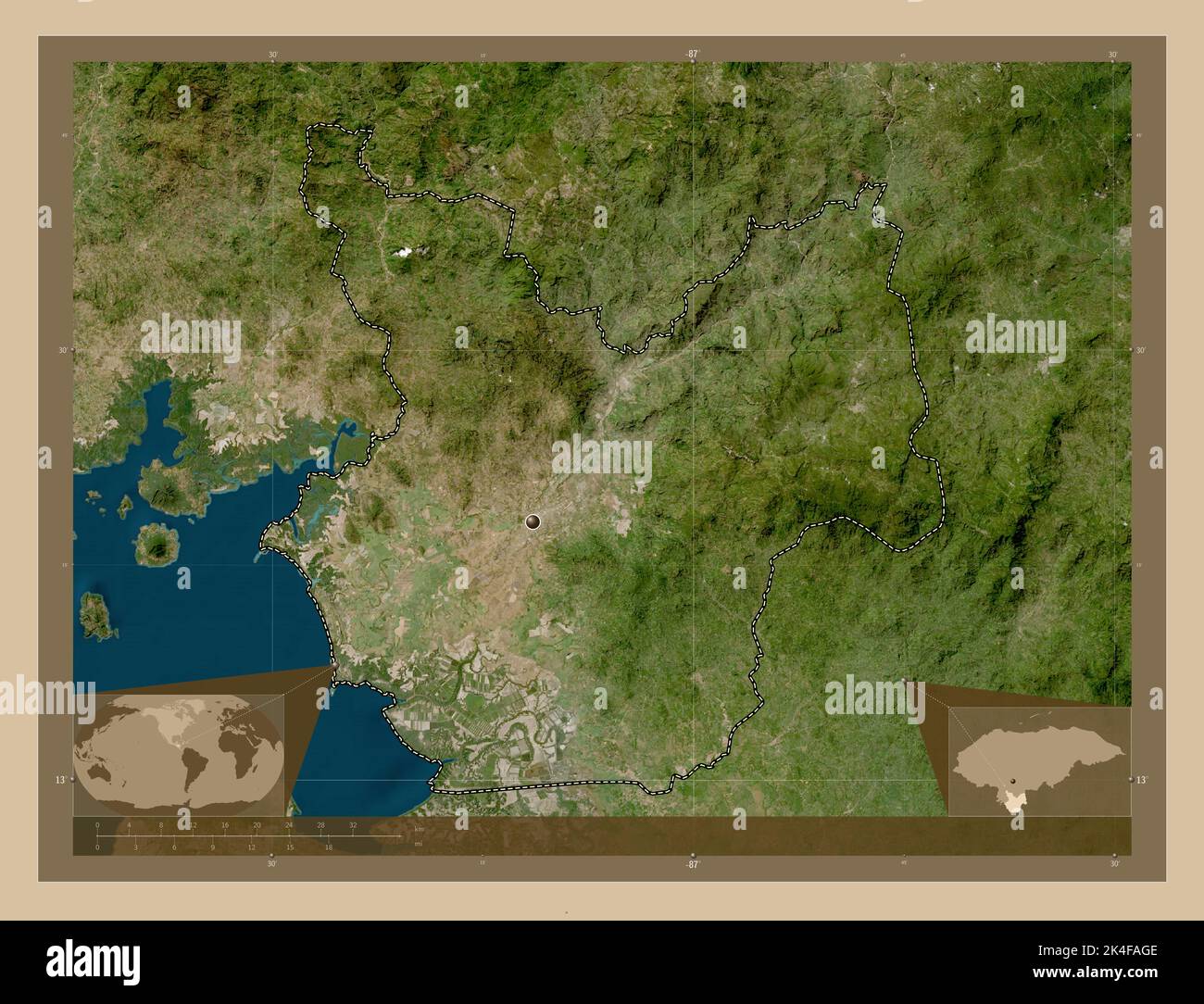 Choluteca, department of Honduras. Low resolution satellite map. Corner