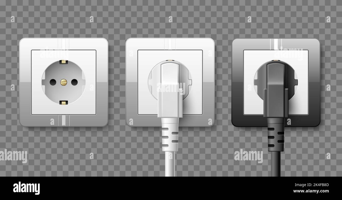 Outlet with power cord. Realistic white and black plastic sockets