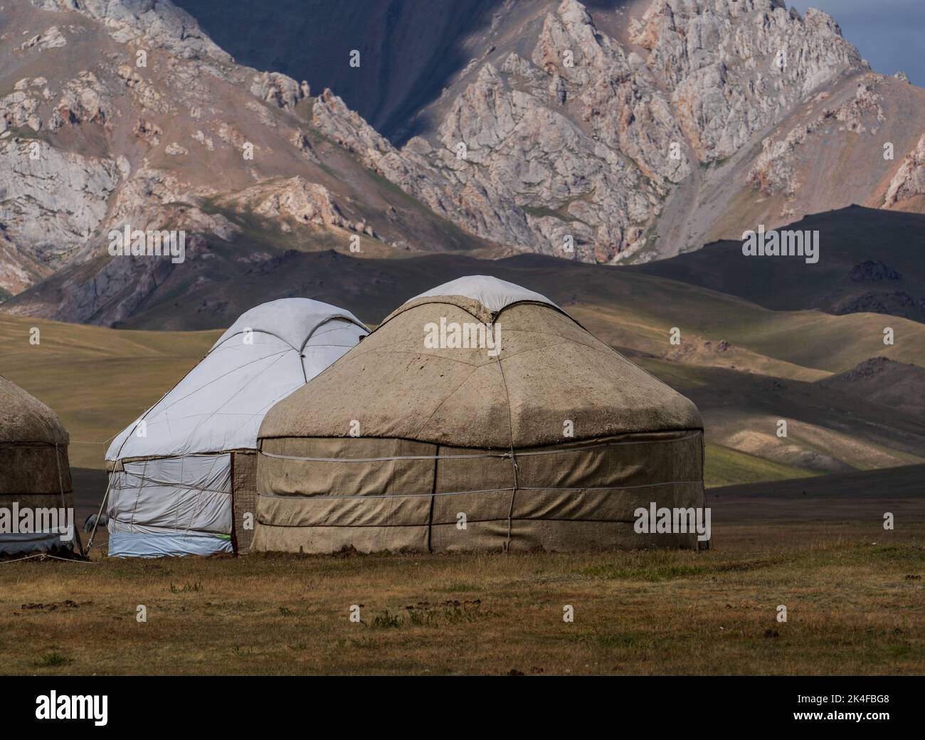 Scenic nomadic tourist yurt camp on the plains of Song Kul Lake, Kyrgyzstan Stock Photo