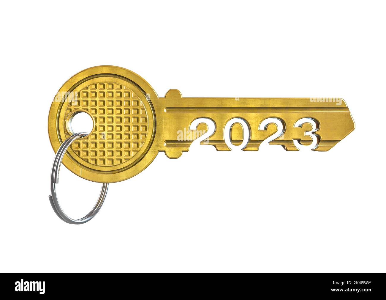 Home owner 2023 concept - 3D illustration of metal house key with year shaped hole isolated on white studio background Stock Photo