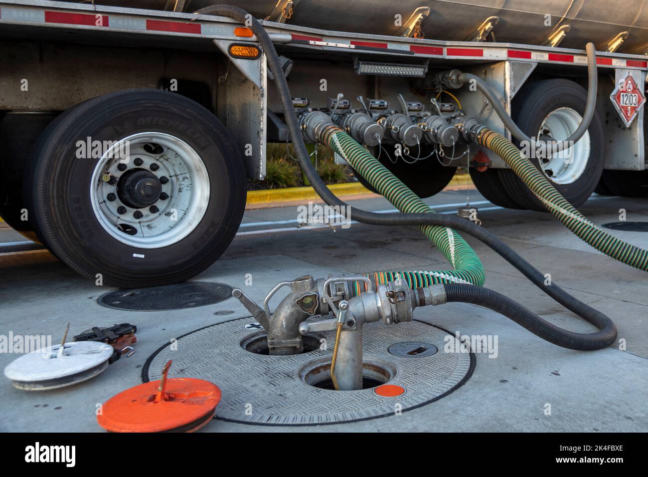 Roseville, Michigan - A tanker truck delivers gasoline to a Costco gas station. Stock Photo