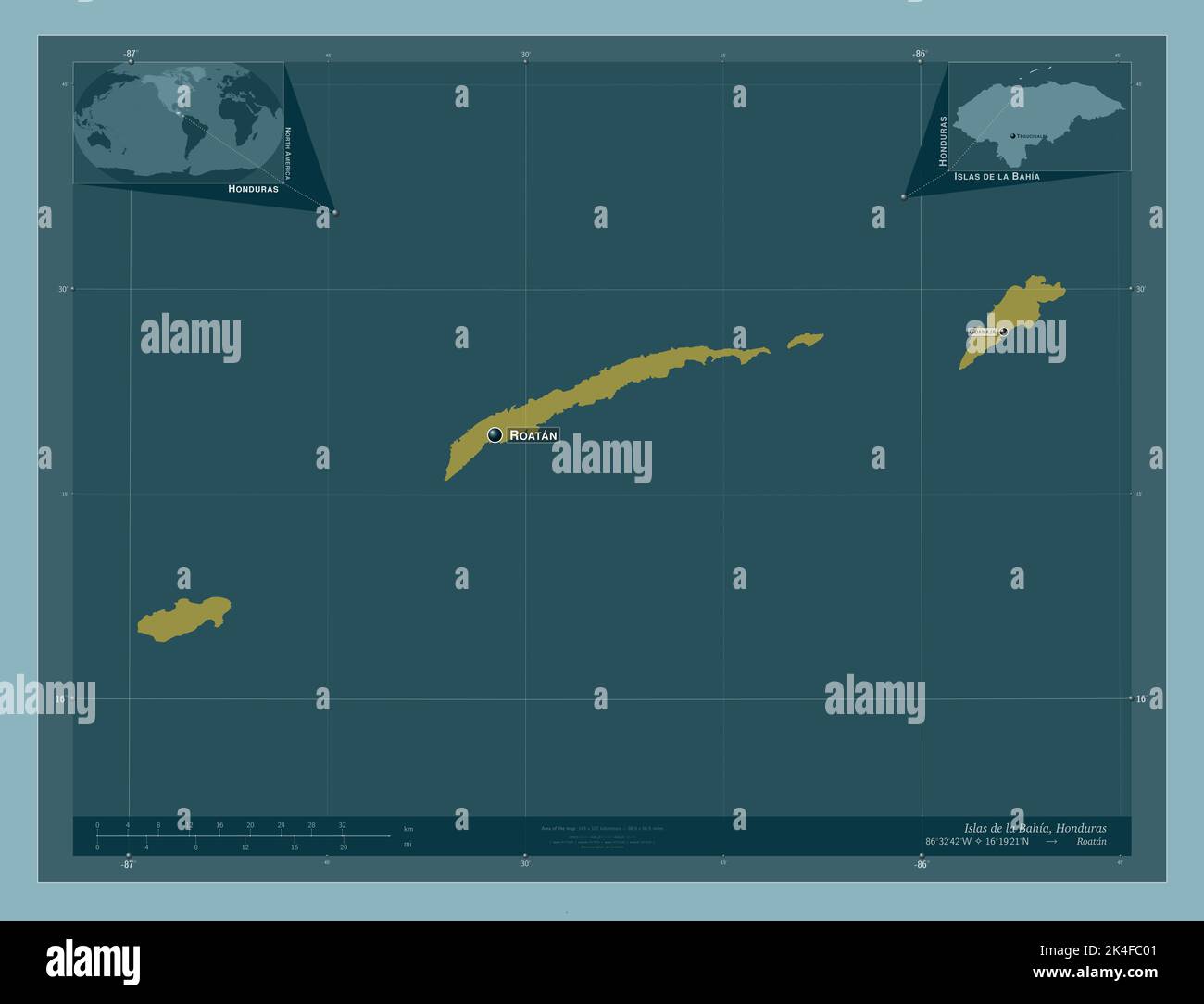Islas de la Bahia, department of Honduras. Solid color shape. Locations