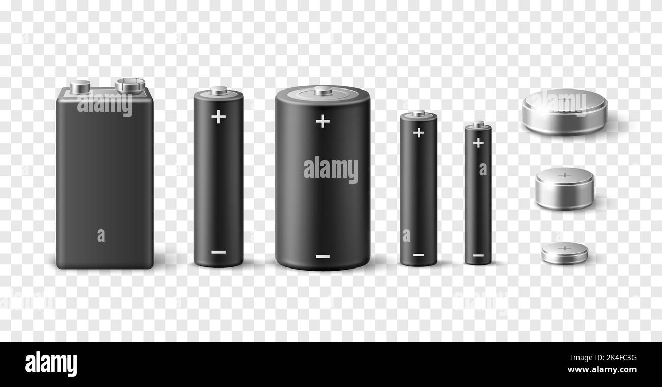Realistic batteries. Different size and type alkaline batteries mockup, 3d isolated objects, metal and black electric elements, electrical li ion Stock Vector