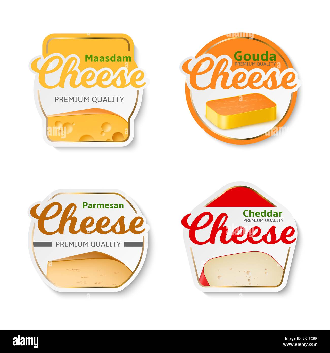 Realistic cheese labels. Different shapes product packaging stickers