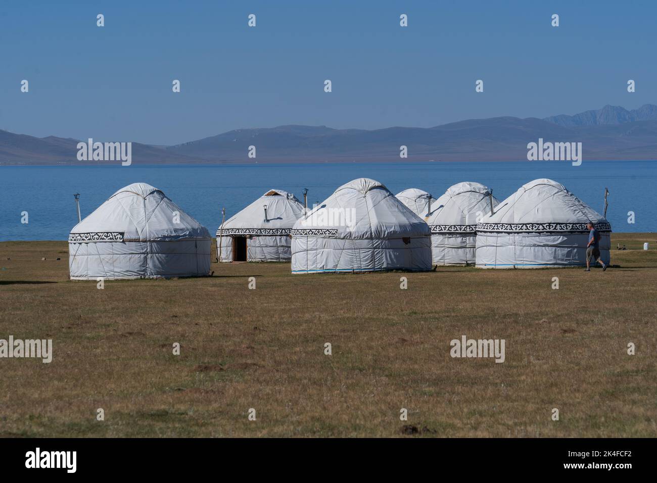 Scenic nomadic tourist yurt camp on the plains of Song Kul Lake, Kyrgyzstan Stock Photo