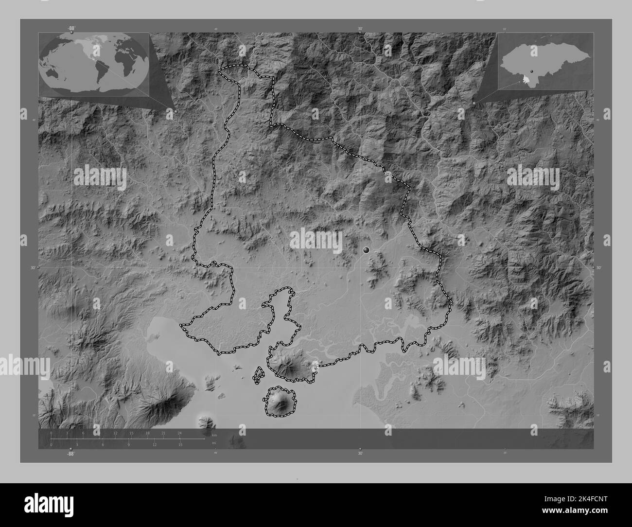 Valle, department of Honduras. Grayscale elevation map with lakes and