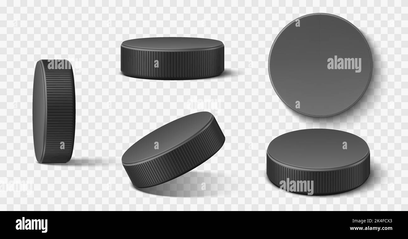 Realistic ice hockey puck. Black rubber puck in different positions