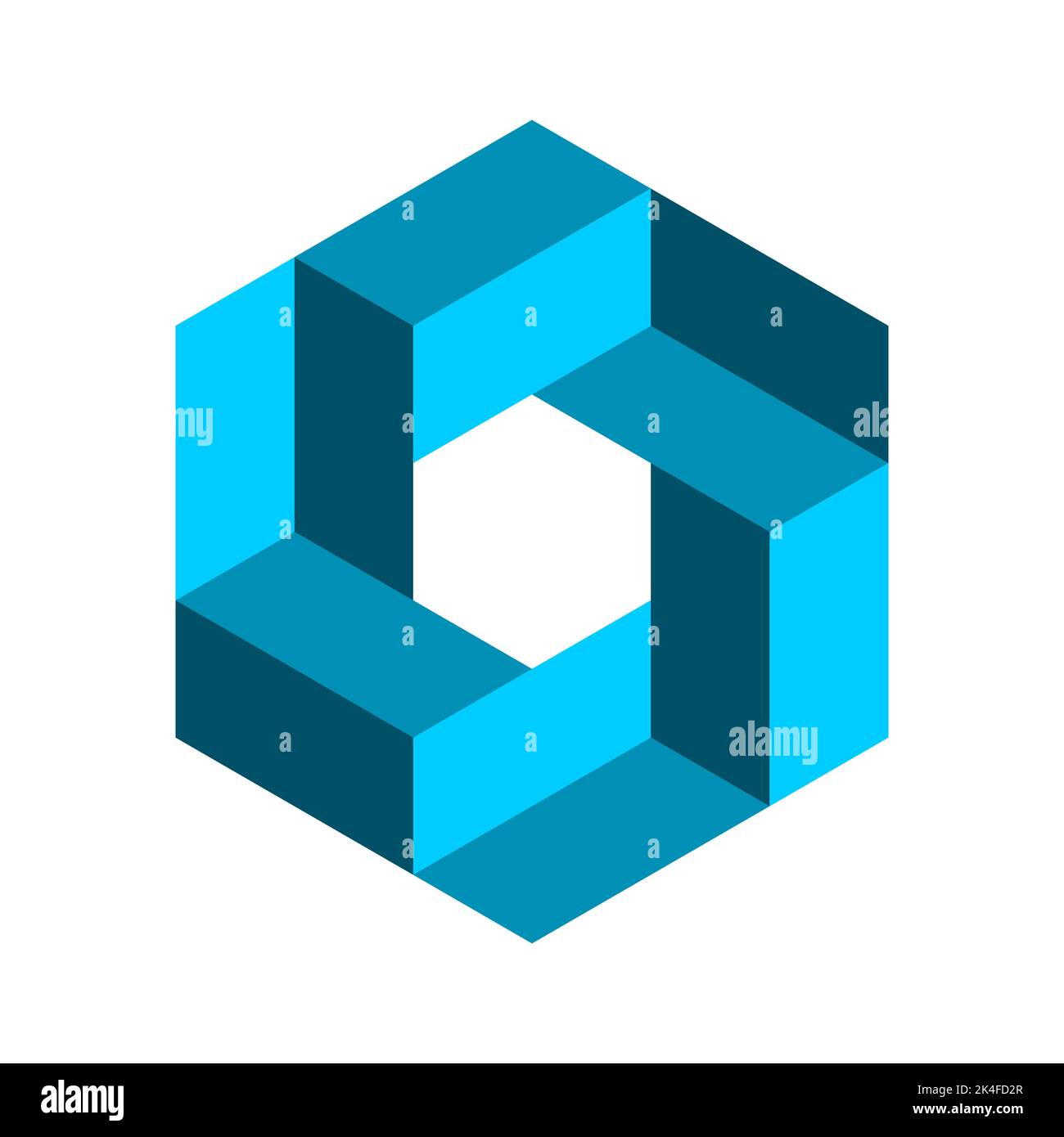 Blue impossible hexagon symbol. Penrose geometric shape. Infinity, endless concept. Esher geometric object made of 3D rectangles. Vector Stock Vector