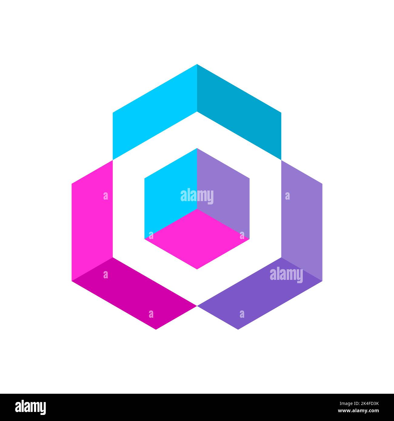 Colorful cube logo template. Isometric block shapes. Hexagonal design element. Blue, purple, pink. Geometric box with three parts. Puzzle game pieces. Stock Vector