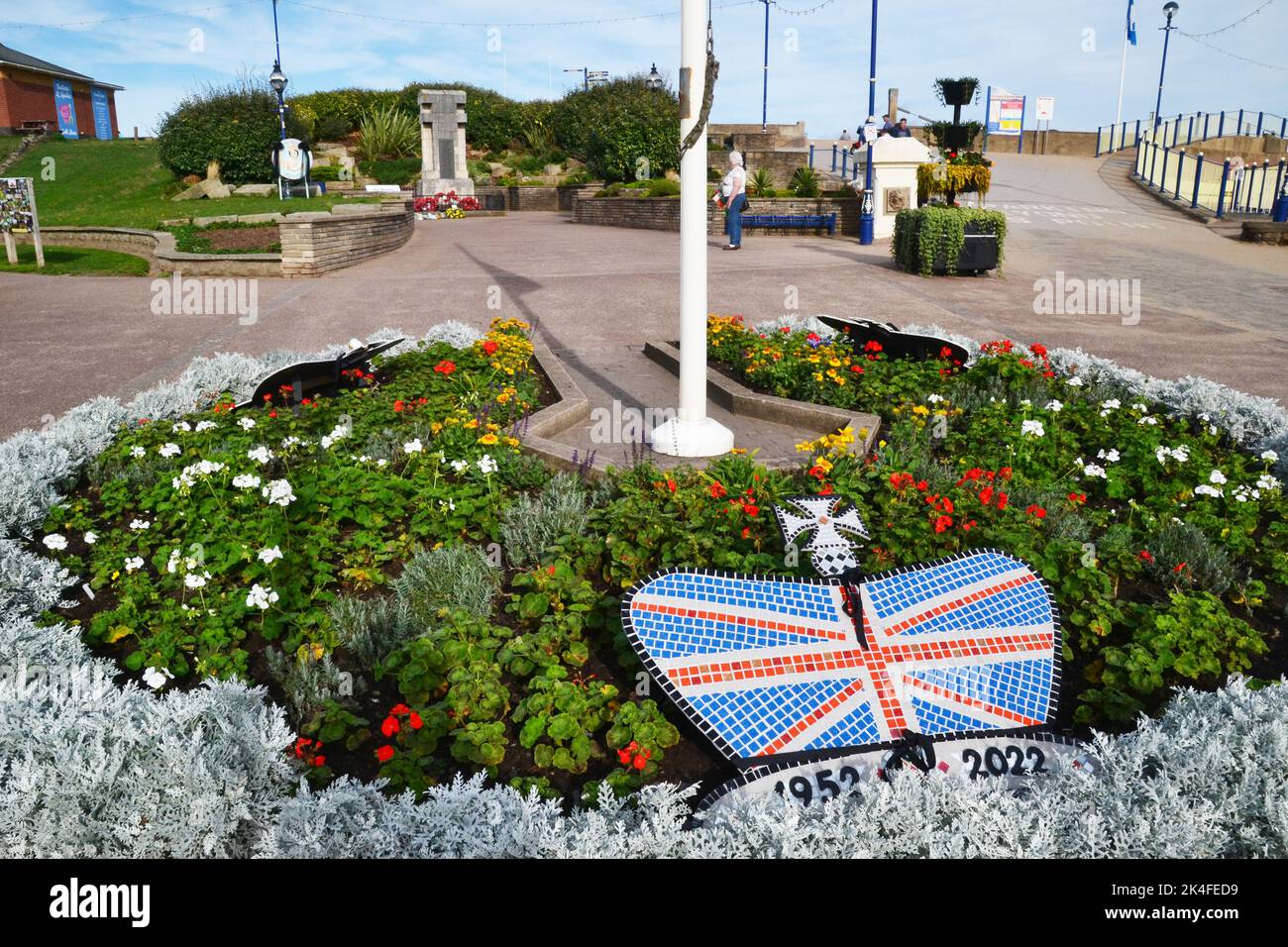 A crown symbol in the flower beds marking the death of Queen Elizabeth II. Sutton-on-Sea, on the Lincolnshire coast, UK Stock Photo