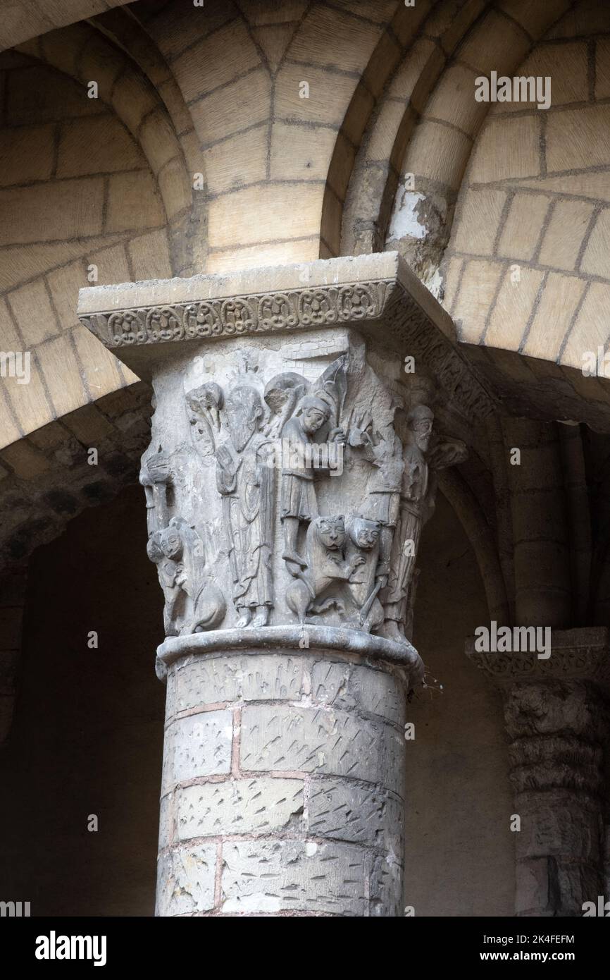 Carved capital in the transept under the Tower of Charlemagne, Tours Stock Photo