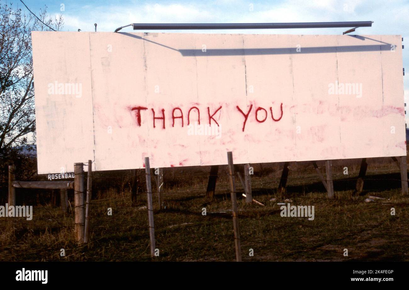 Bill board saying 'Thank You' written with spray paint. Oregon. USA Stock Photo
