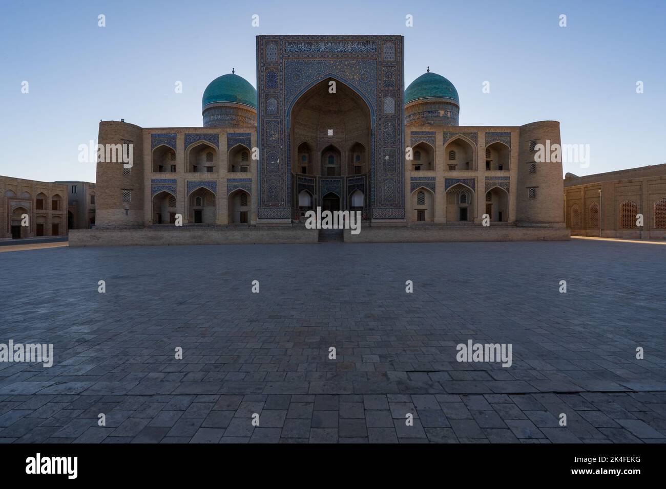 Bukhara main square, Mir-i-Arab Madrasa blue tiles focus Stock Photo