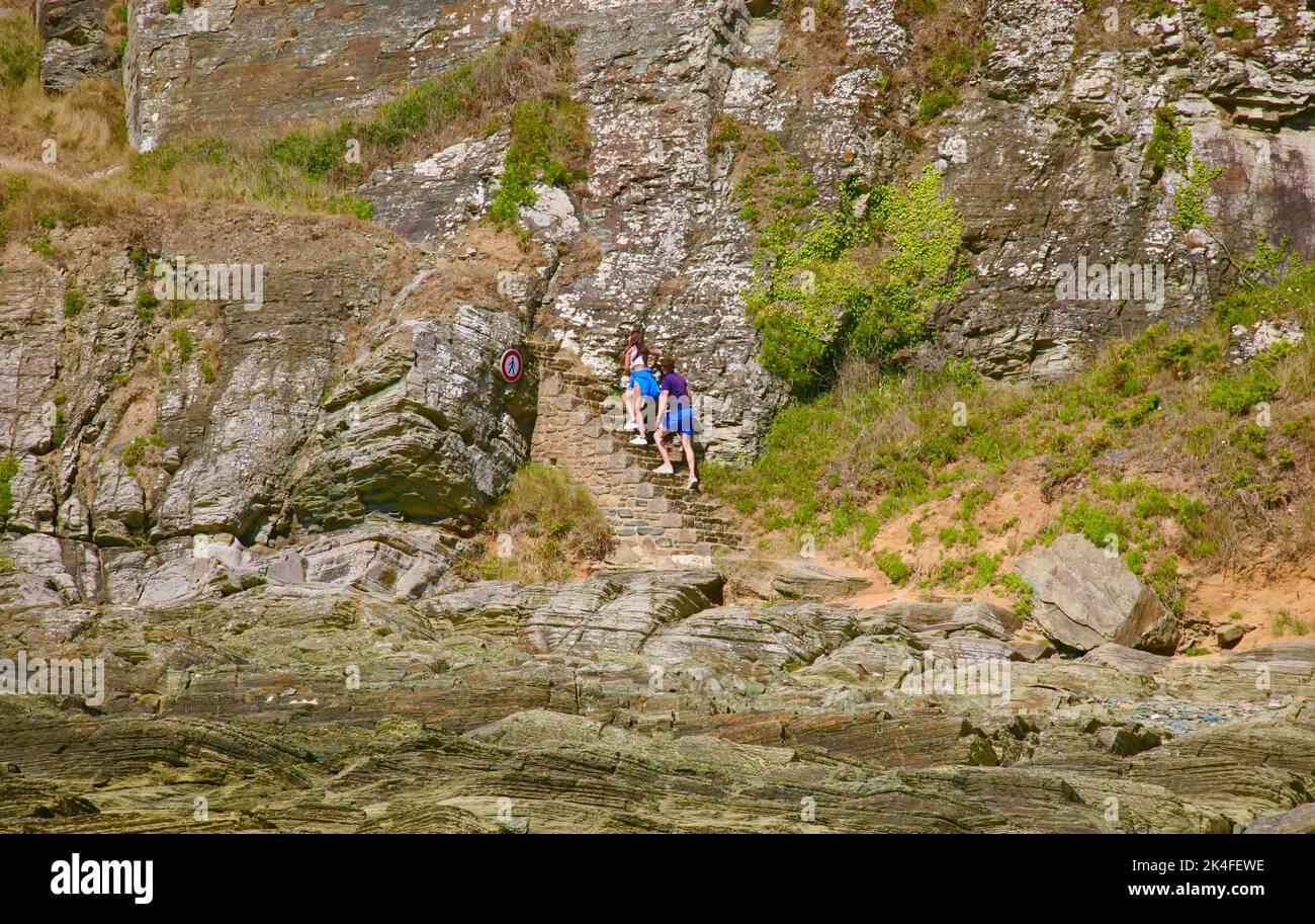 Steep steps leading up to the clifftops at Plage de Surtainville on the