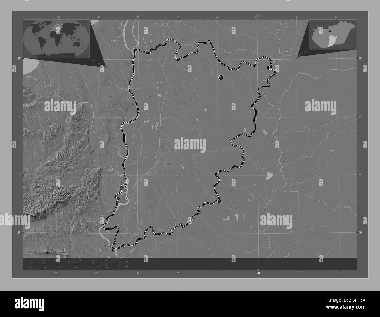 Bacs-Kiskun, county of Hungary. Bilevel elevation map with lakes and