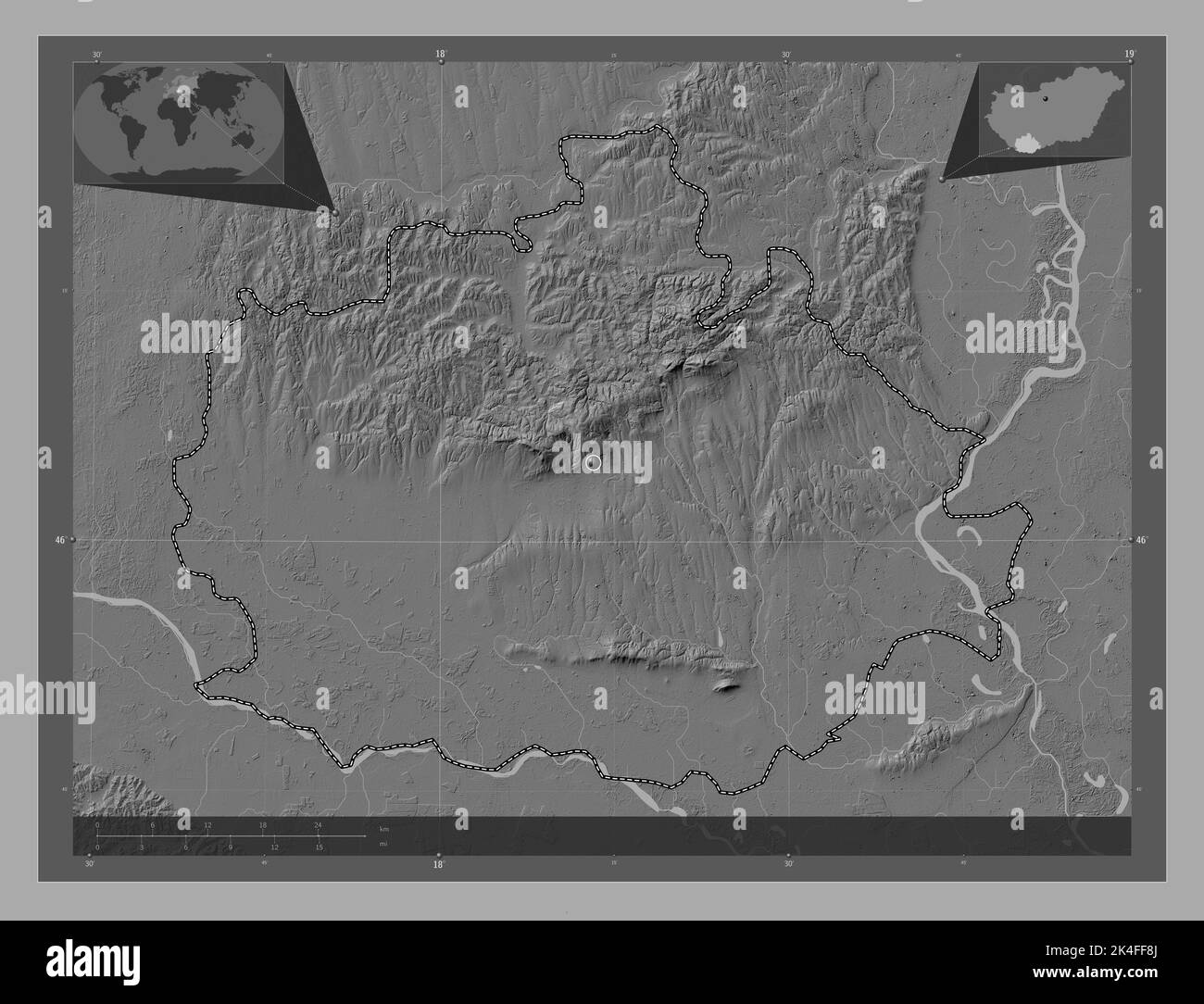 Baranya, county of Hungary. Bilevel elevation map with lakes and rivers. Corner auxiliary
