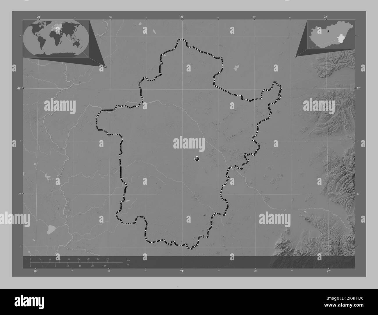 Bekes, county of Hungary. Grayscale elevation map with lakes and rivers