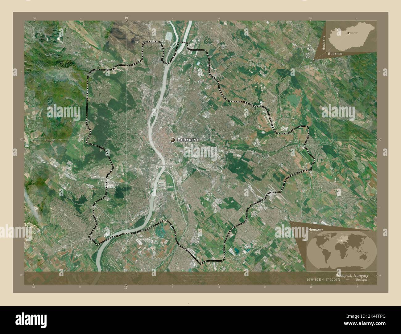 Budapest, capital city of Hungary. High resolution satellite map. Locations and names of major cities of the region. Corner auxiliary location maps Stock Photo