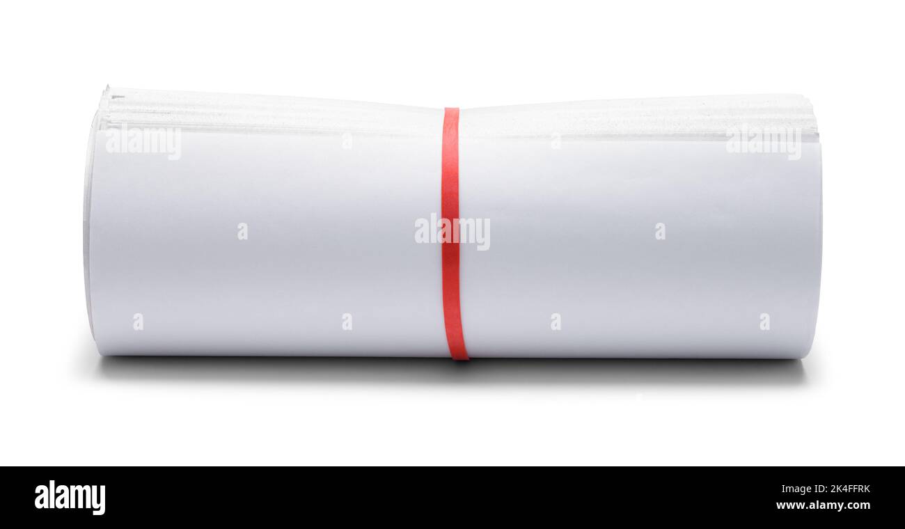 Large Rolled Newspaper Front Cut Out on White. Stock Photo