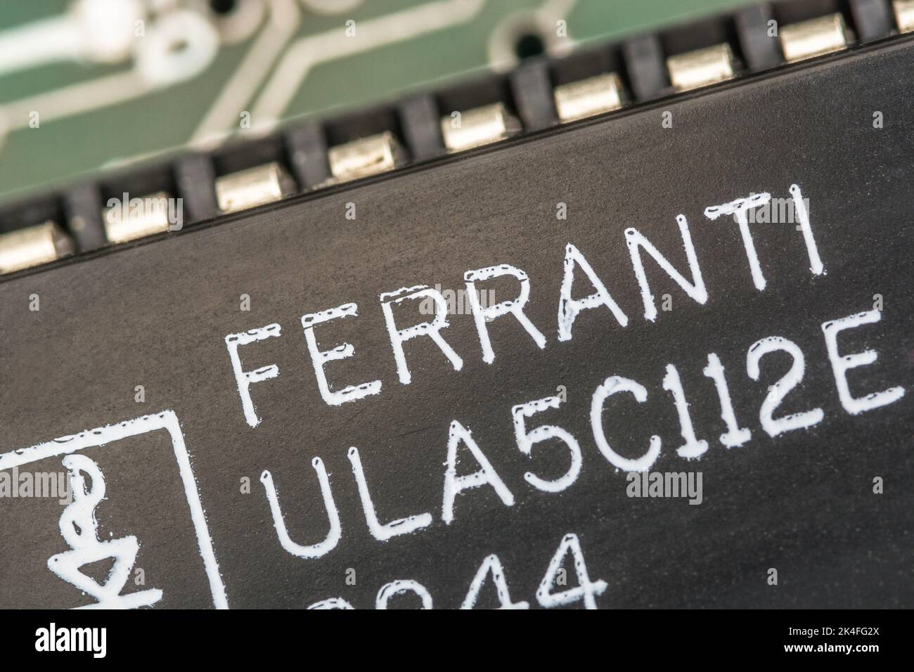 40-pin Ferranti ULA [Uncommitted Logic Array] on the motherboard of a 1982 16k Sinclair ZX Spectrum computer. For integrated circuits, electronics. Stock Photo