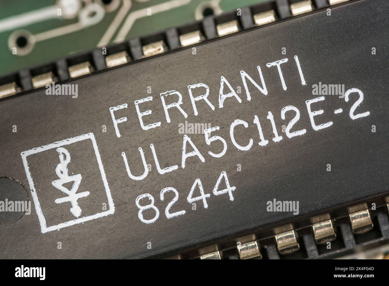 40-pin Ferranti ULA [Uncommitted Logic Array] on the motherboard of a 1982 16k Sinclair ZX Spectrum computer. For integrated circuits, electronics. Stock Photo