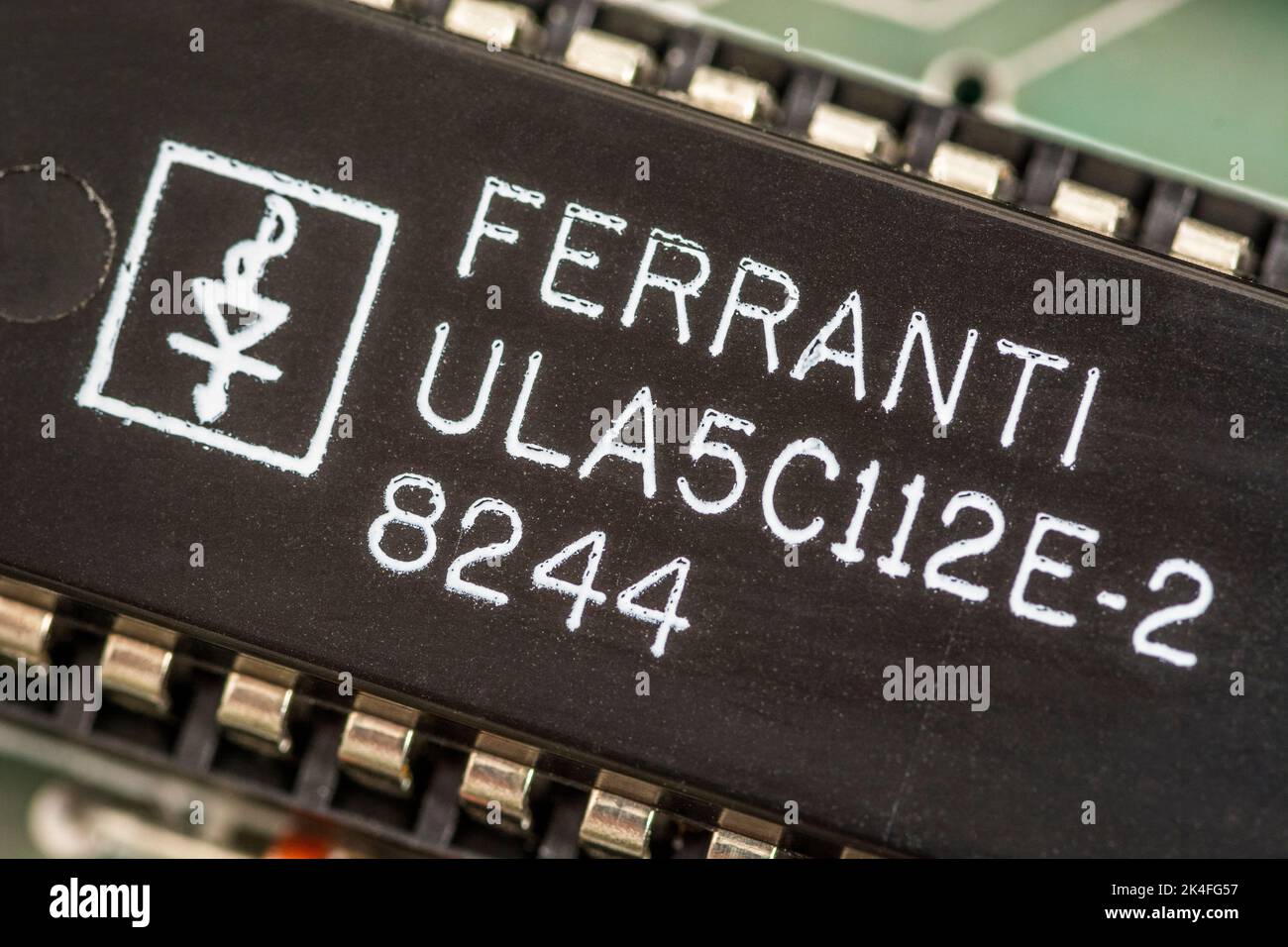 40-pin Ferranti ULA [Uncommitted Logic Array] on the motherboard of a 1982 16k Sinclair ZX Spectrum computer. For integrated circuits, electronics. Stock Photo